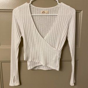 Hollister Cropped Ribbed V Neck Long Sleeve Sweater White - Size S